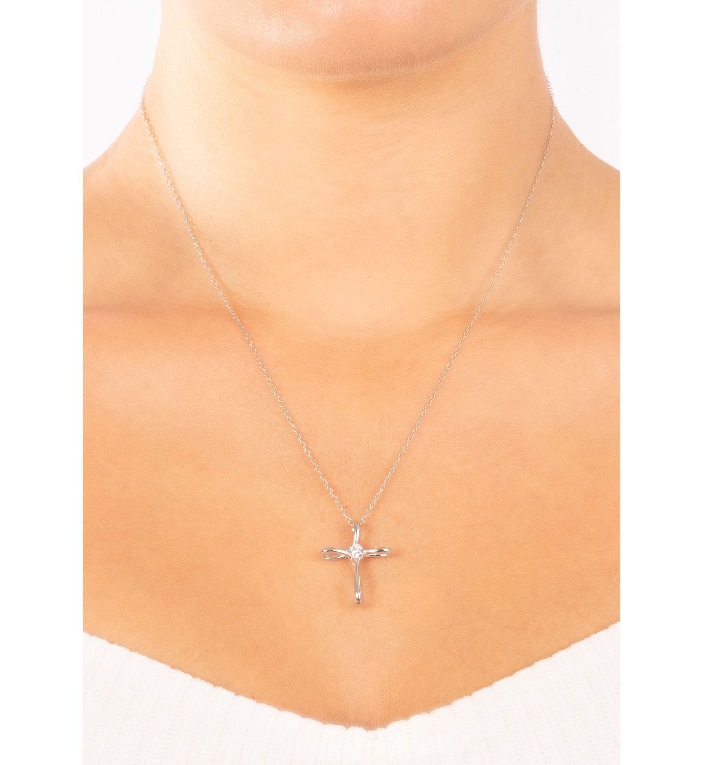 Boxed Sterling Silver 18" Cross with Cubic Zirconia Center Accent Pendant Necklace