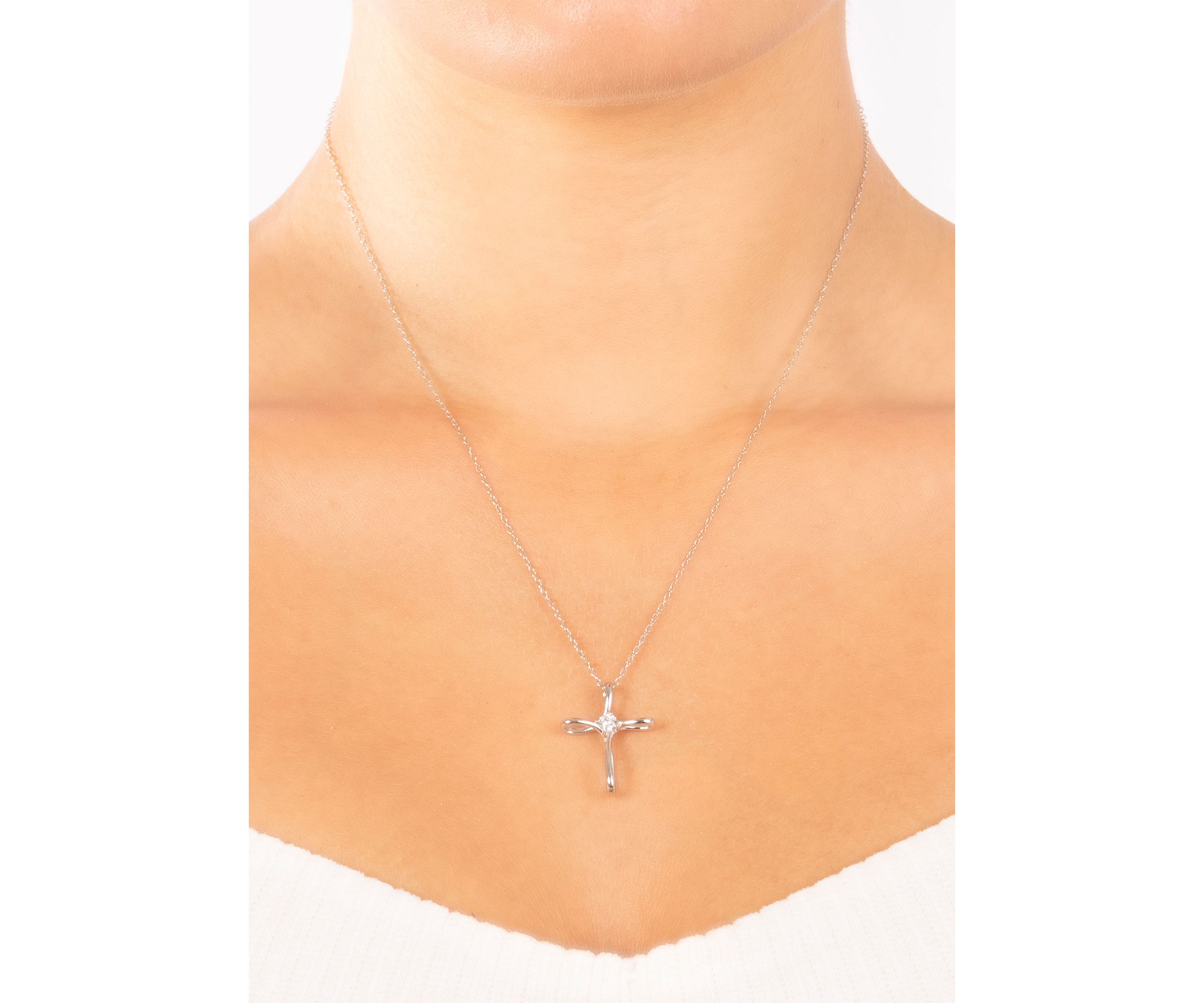 Boxed Sterling Silver 18" Cross with Cubic Zirconia Center Accent Pendant Necklace