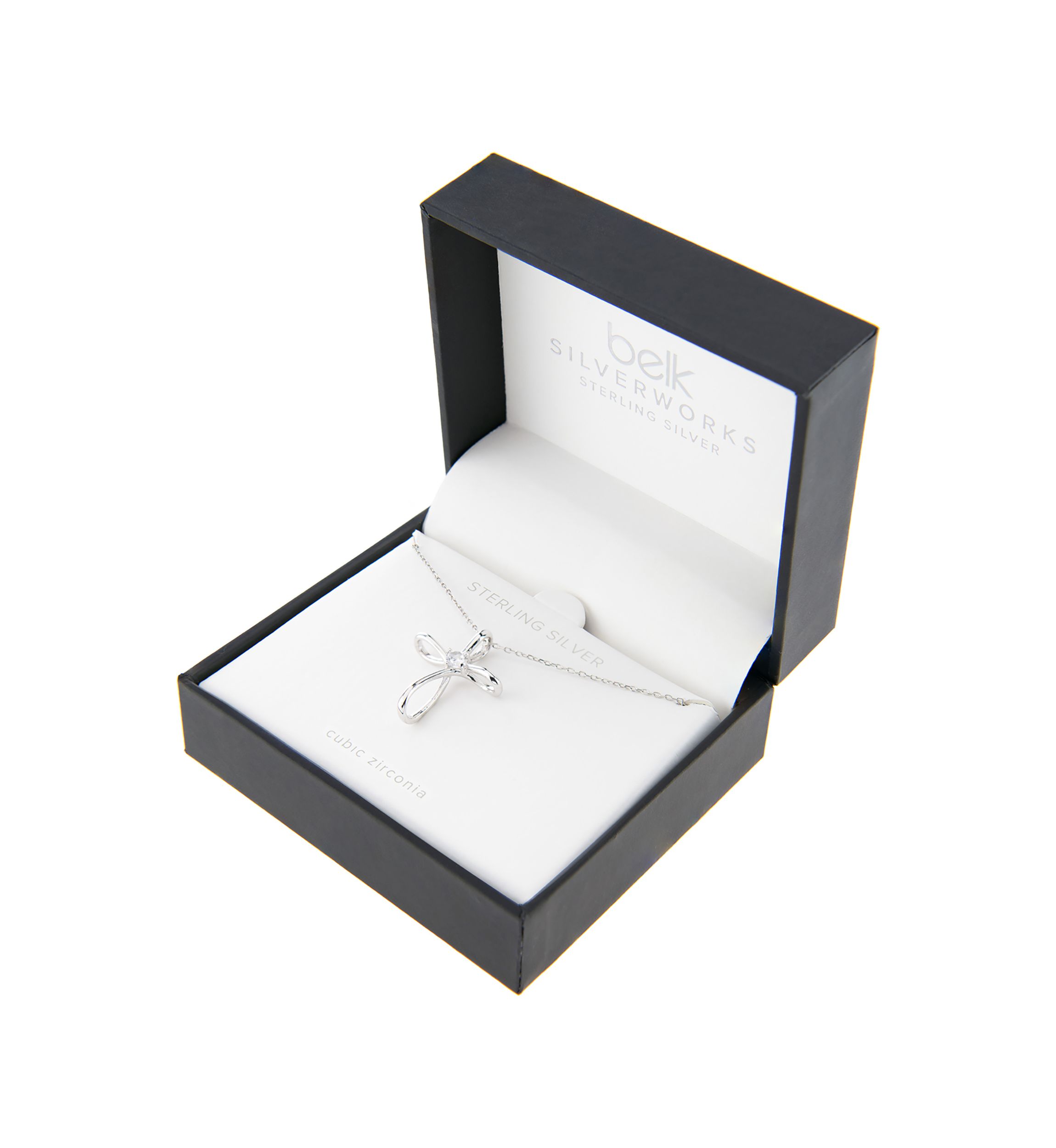 Boxed Sterling Silver 18" Cross with Cubic Zirconia Center Accent Pendant Necklace