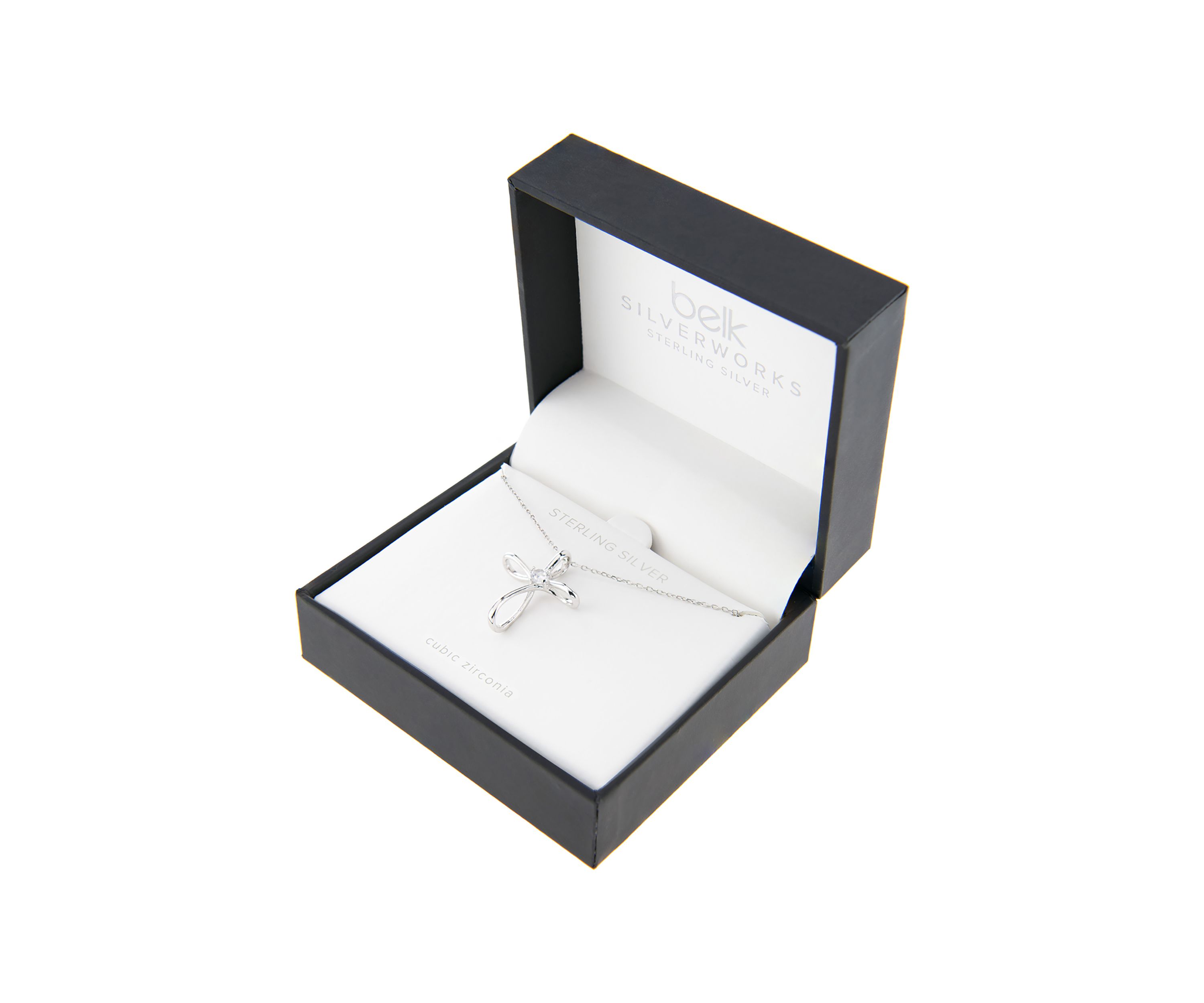 Boxed Sterling Silver 18" Cross with Cubic Zirconia Center Accent Pendant Necklace