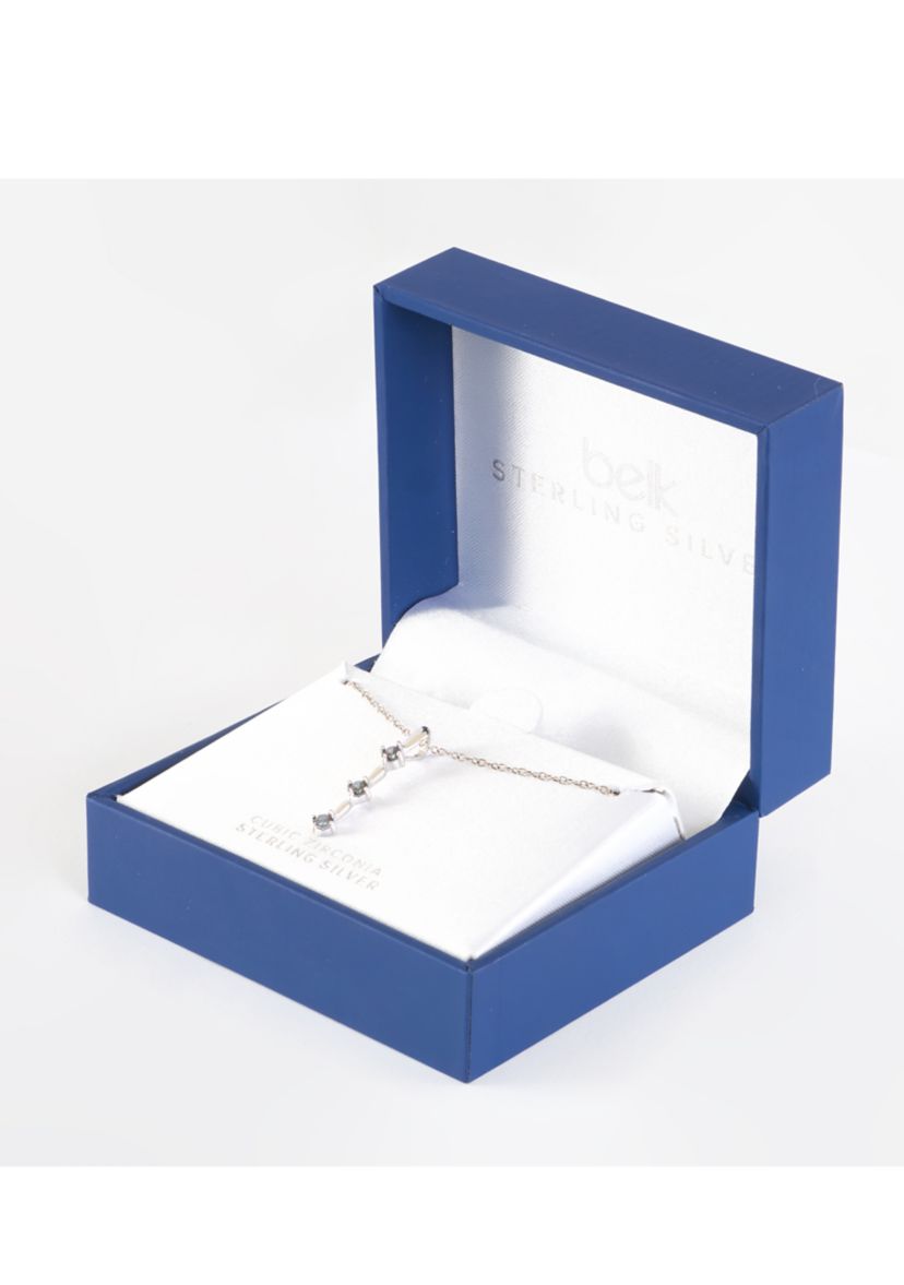 Sterling Silver 3 Stone Cubic Zirconia Drop Pendant Necklace