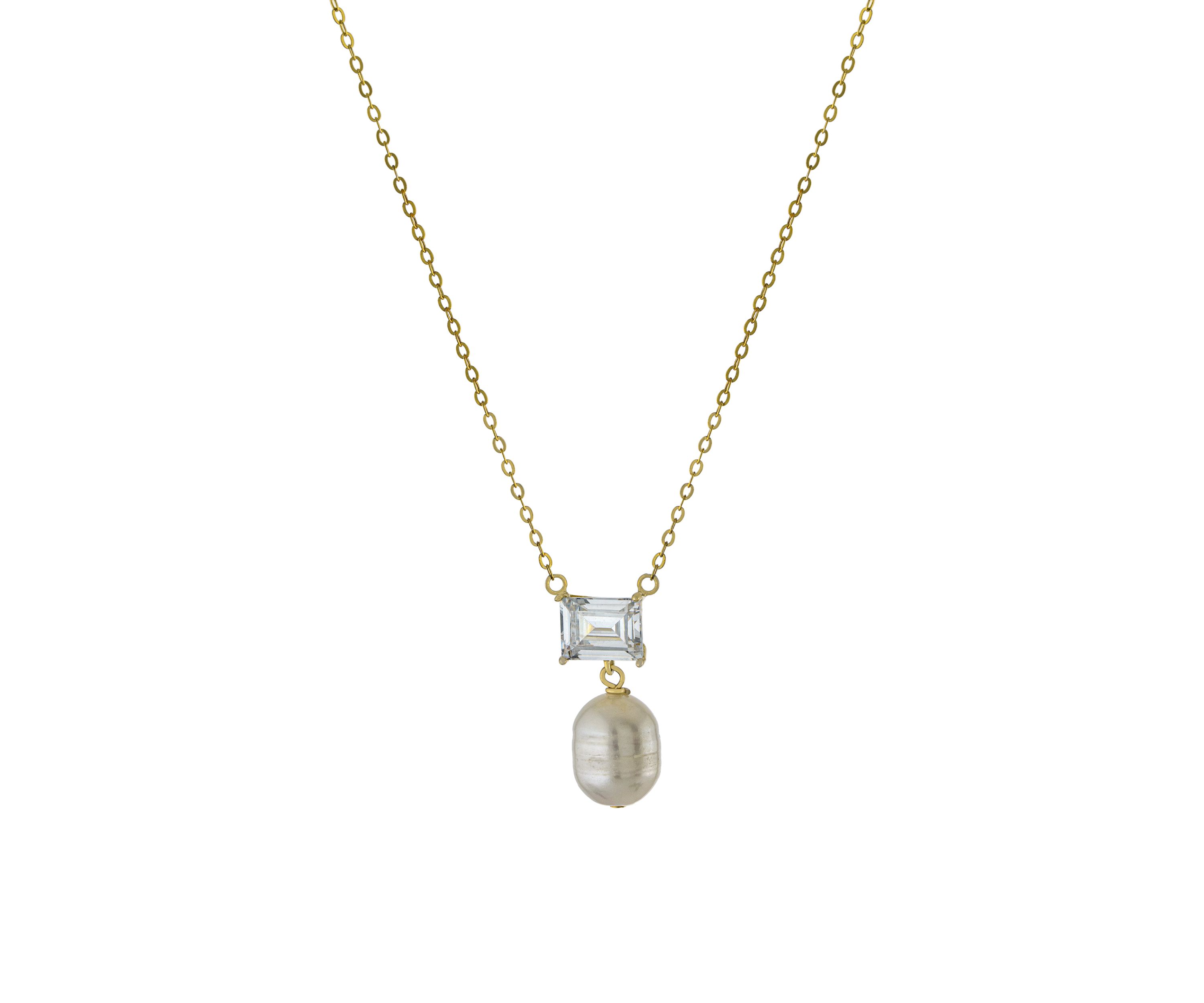 Boxed Gold Over Sterling Silver 16" + 2" Emerald-Cut Cubic Zirconia with Freshwater Pearl Drop Necklace