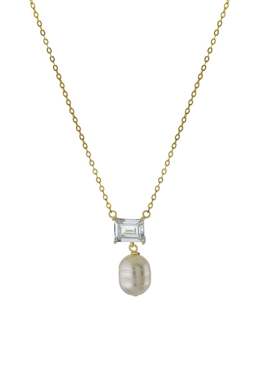 Boxed Gold Over Sterling Silver 16" + 2" Emerald-Cut Cubic Zirconia with Freshwater Pearl Drop Necklace