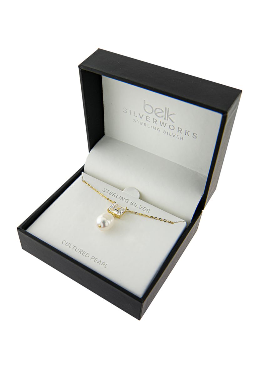 Boxed Gold Over Sterling Silver 16" + 2" Emerald-Cut Cubic Zirconia with Freshwater Pearl Drop Necklace