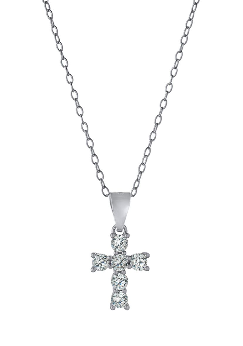Boxed Sterling Silver 18 Inch Cubic Zirconia Cross Pendant Necklace