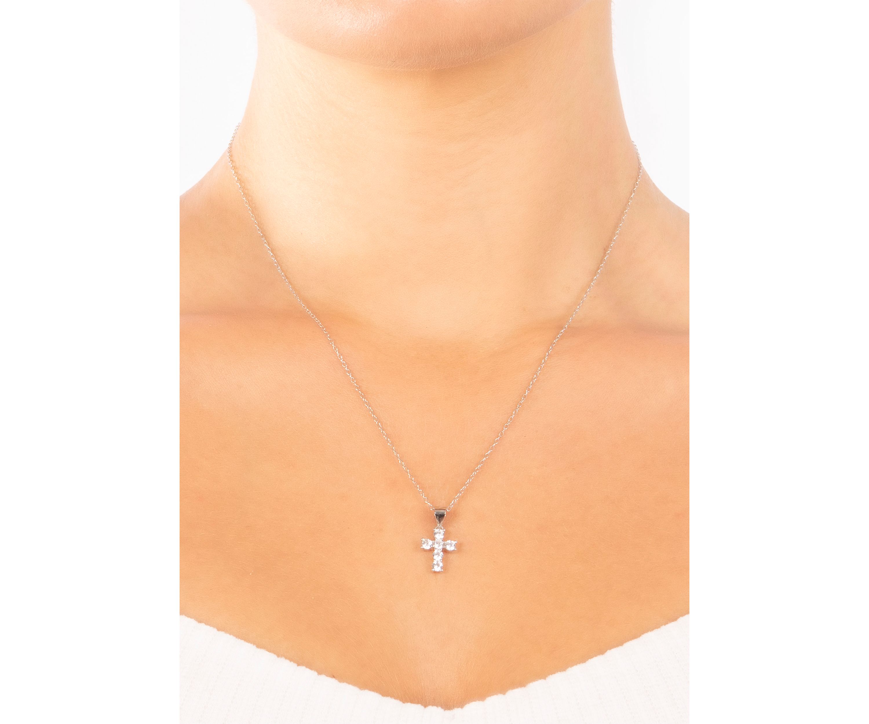 Boxed Sterling Silver 18 Inch Cubic Zirconia Cross Pendant Necklace