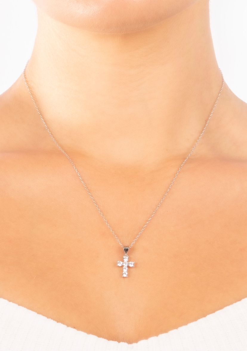 Boxed Sterling Silver 18 Inch Cubic Zirconia Cross Pendant Necklace