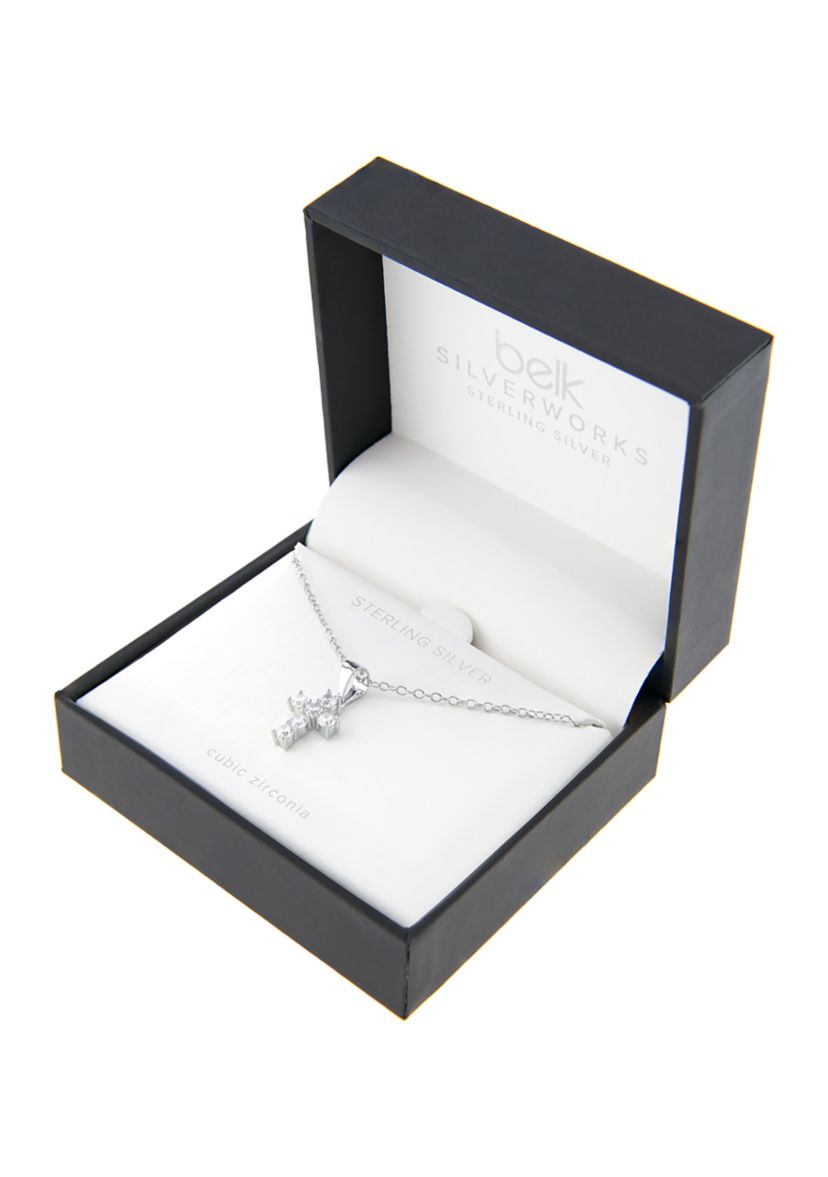 Boxed Sterling Silver 18 Inch Cubic Zirconia Cross Pendant Necklace