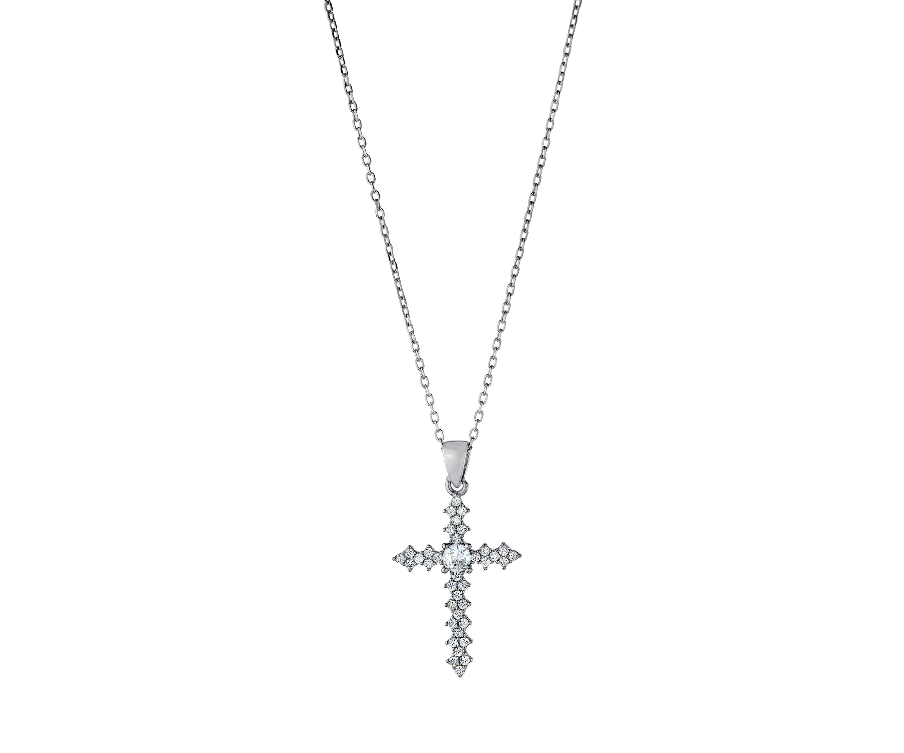 Boxed Sterling Silver 16 + 2 Inch Cubic Zirconia Fancy Cross Pendant Necklace