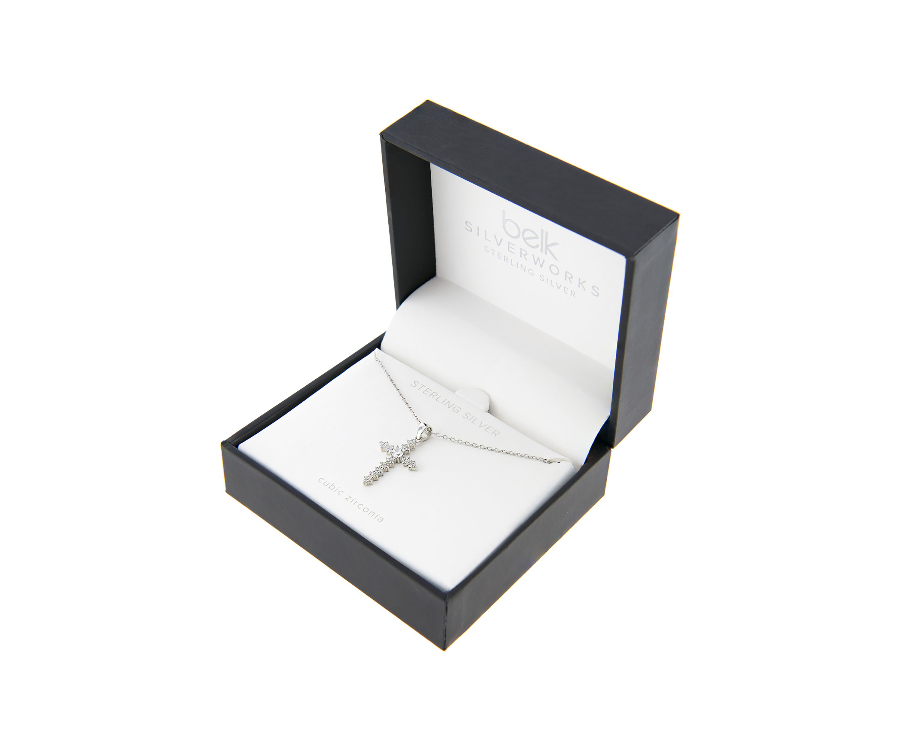 Boxed Sterling Silver 16 + 2 Inch Cubic Zirconia Fancy Cross Pendant Necklace