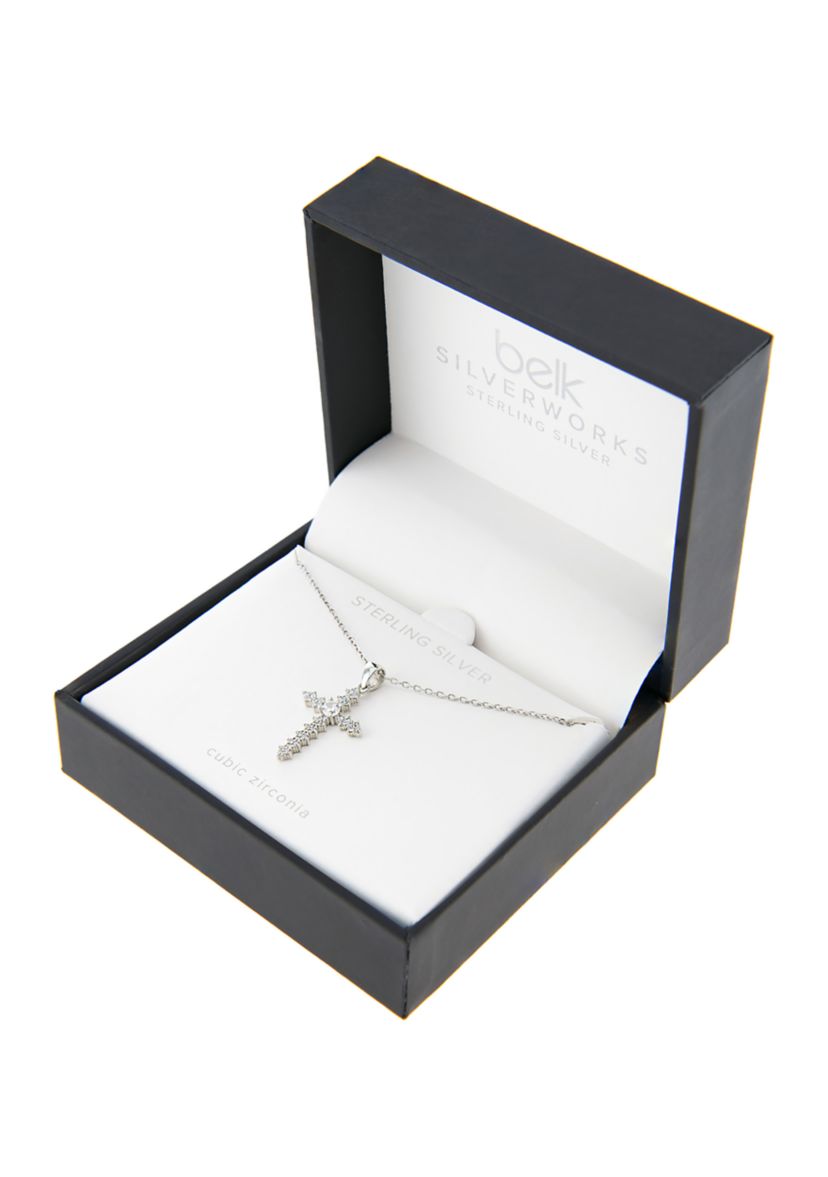 Boxed Sterling Silver 16 + 2 Inch Cubic Zirconia Fancy Cross Pendant Necklace