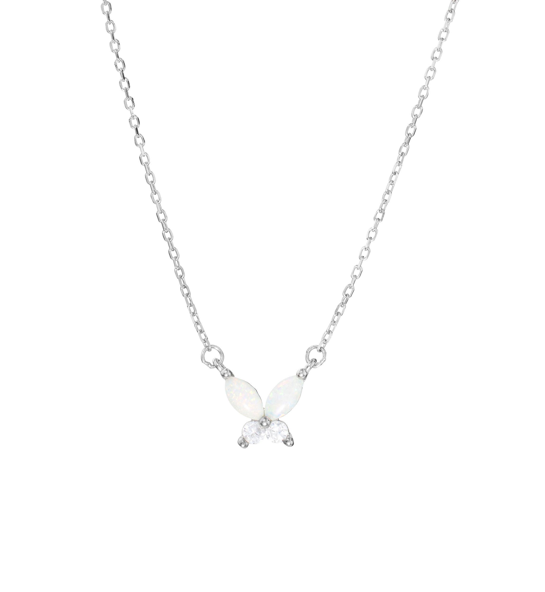 Boxed Sterling Silver Simulated Opal and White Topaz Butterfly Necklace