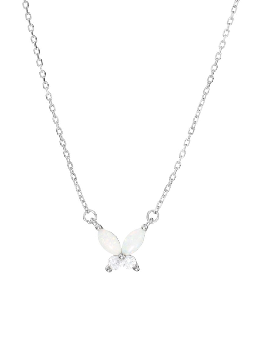 Boxed Sterling Silver Simulated Opal and White Topaz Butterfly Necklace