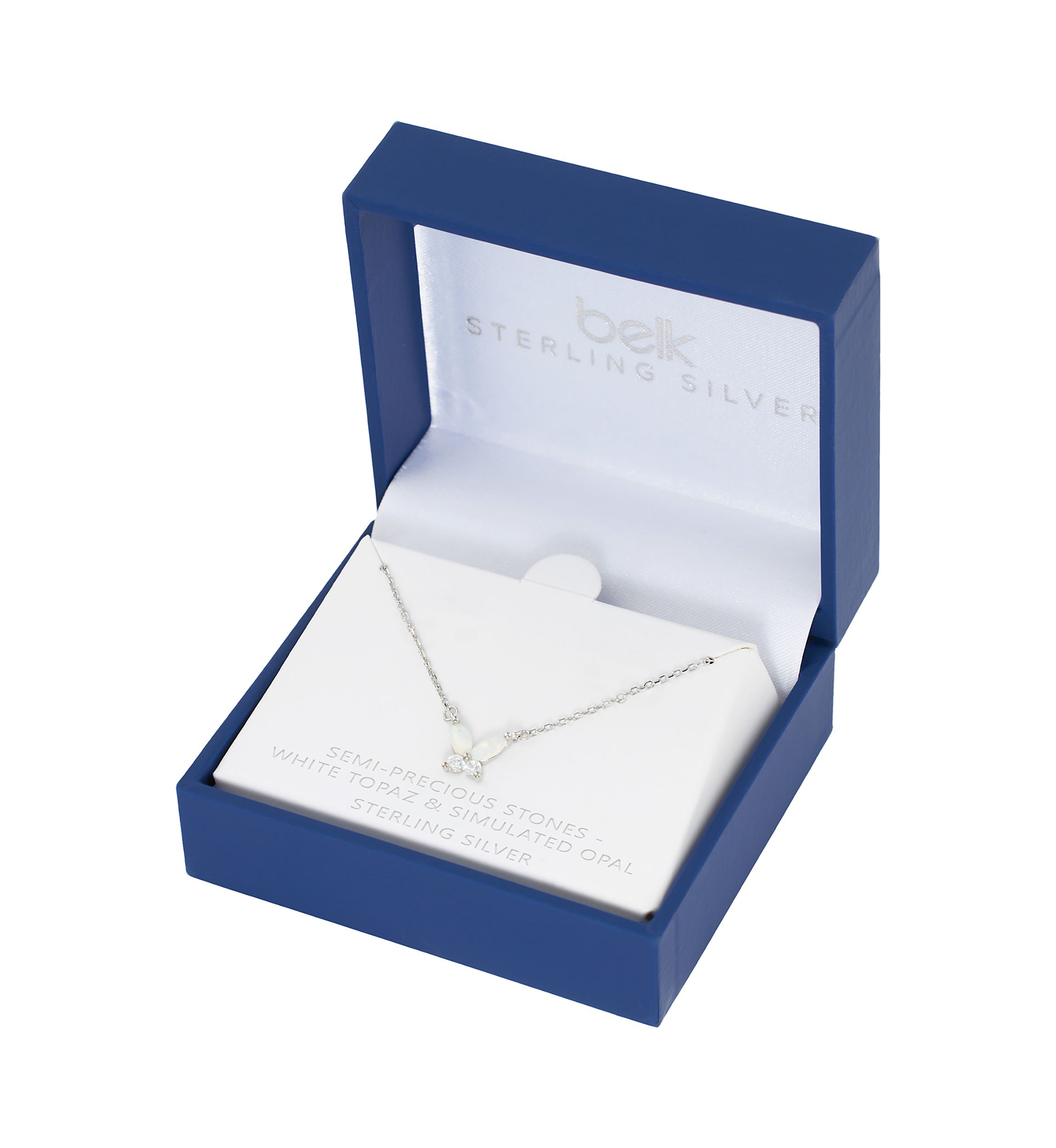Boxed Sterling Silver Simulated Opal and White Topaz Butterfly Necklace