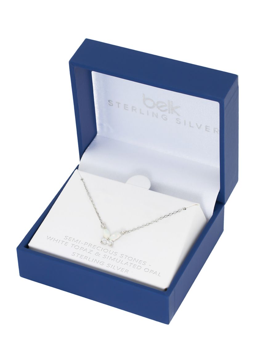 Boxed Sterling Silver Simulated Opal and White Topaz Butterfly Necklace