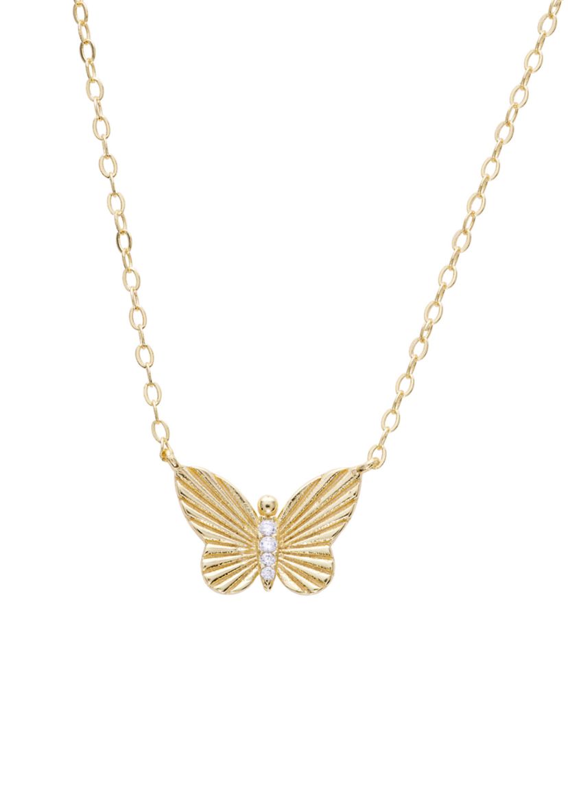 Gold Over Sterling Silver Cubic Zirconia Butterfly Fluted Necklace