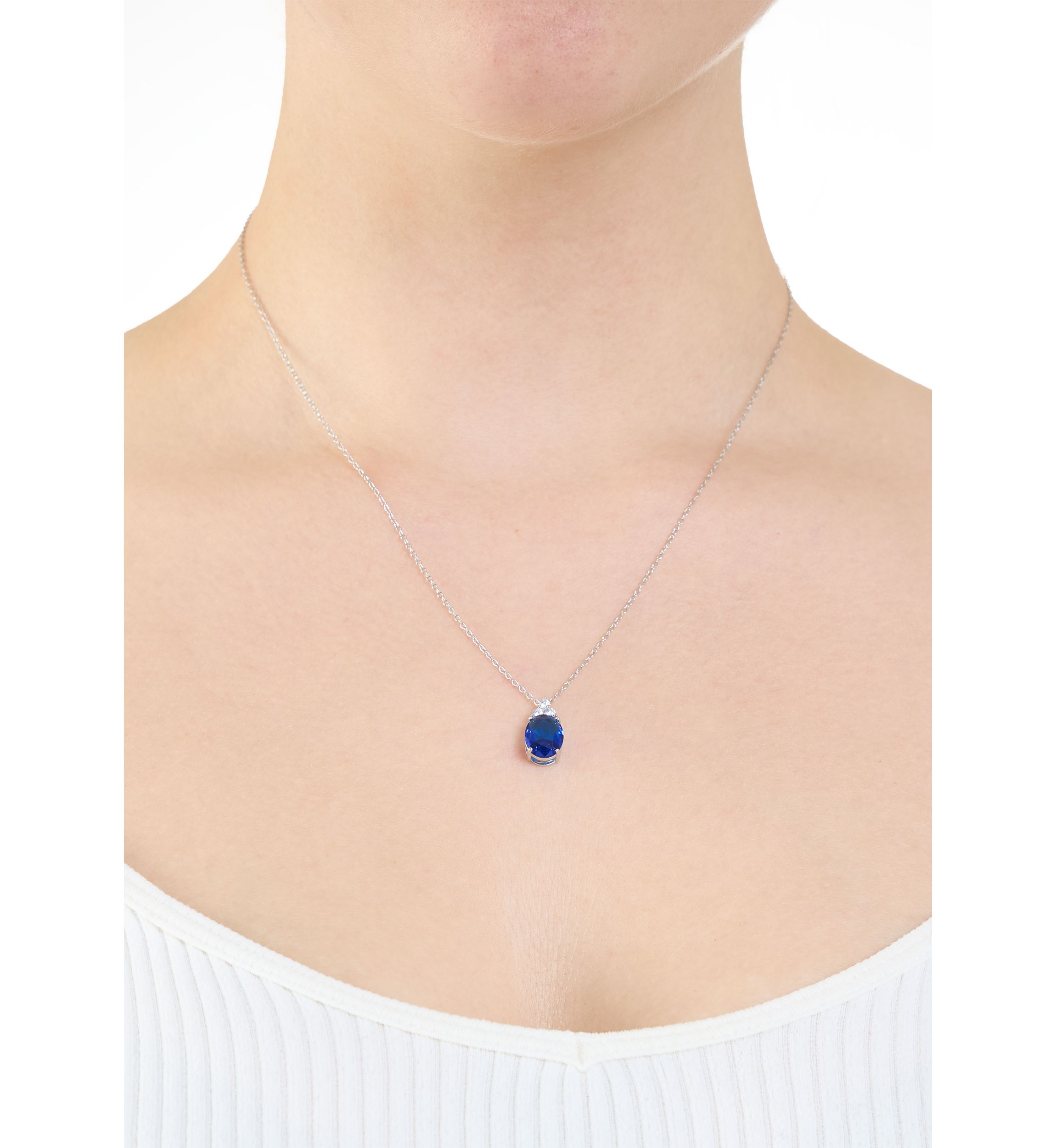Sterling Silver Crystal Faceted Oval Pendant Necklace