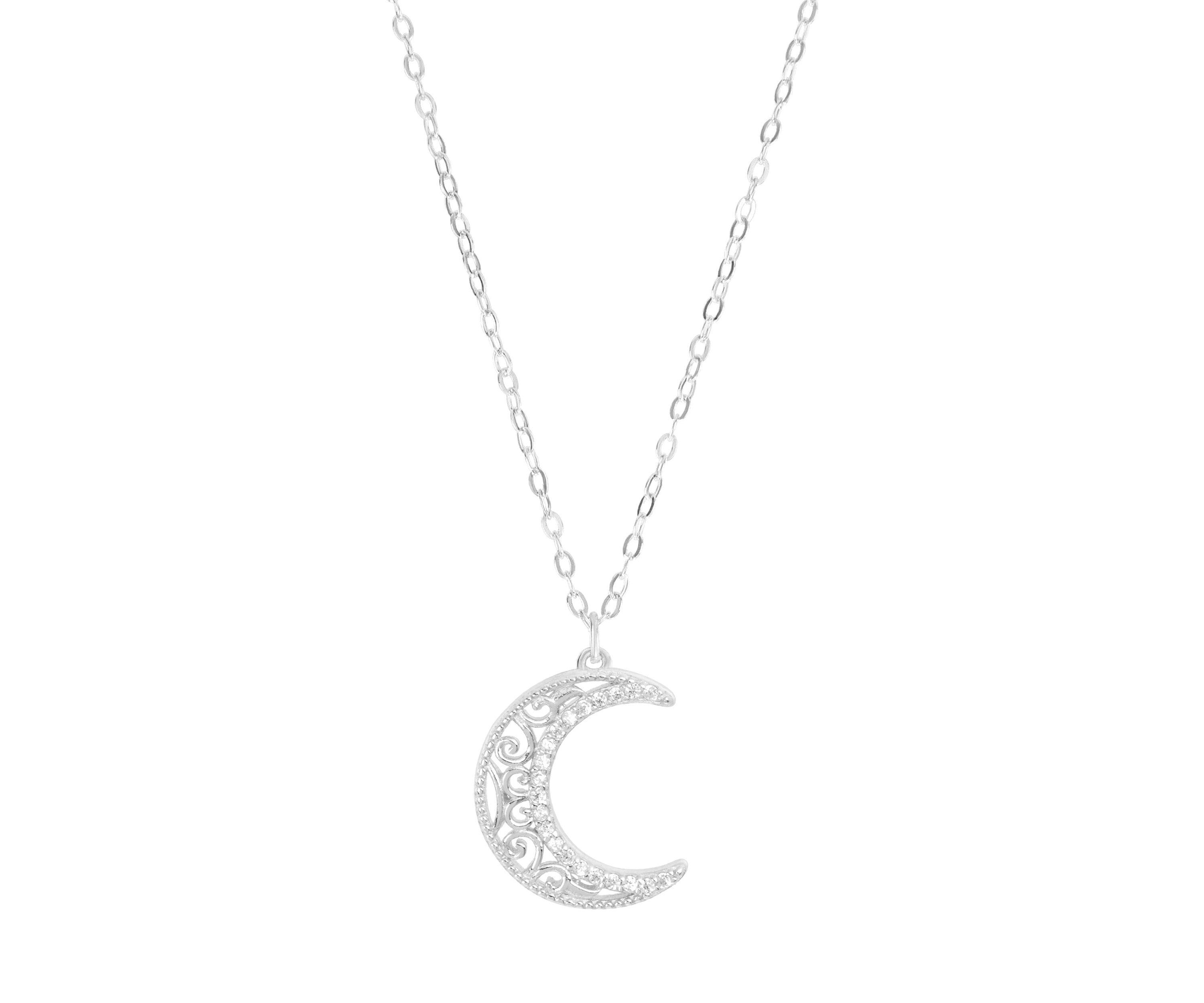 Sterling Silver Cubic Zirconia Filigree Moon Necklace