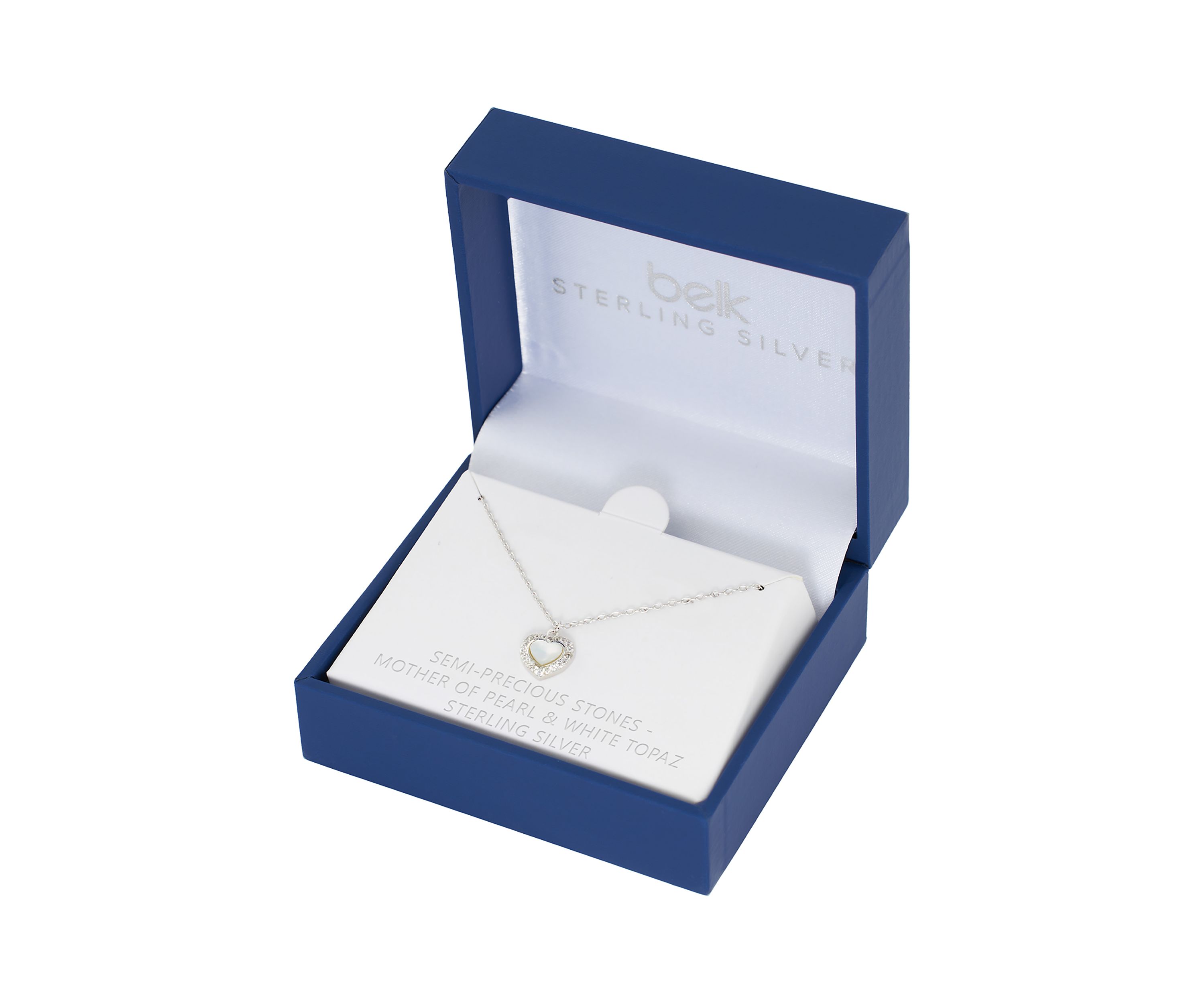 Boxed Sterling Silver Mother of Pearl Heart with White Topaz Halo Necklace