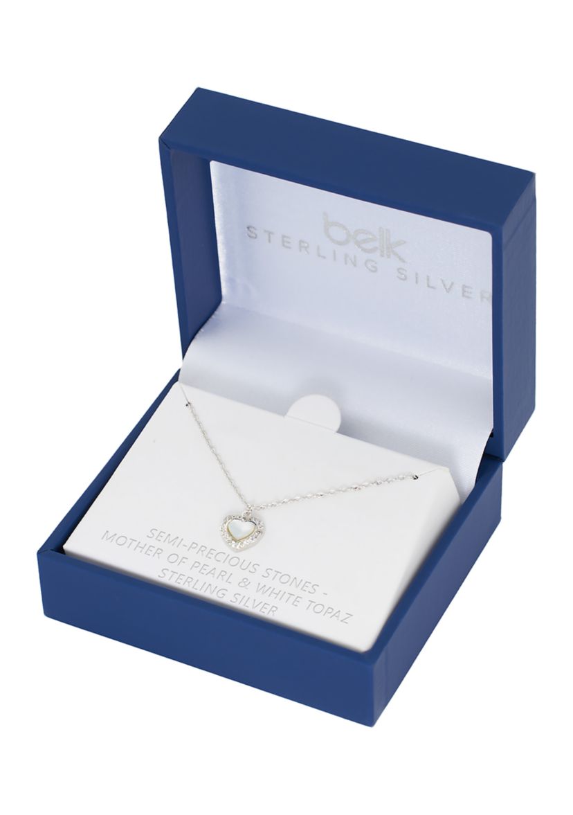 Boxed Sterling Silver Mother of Pearl Heart with White Topaz Halo Necklace