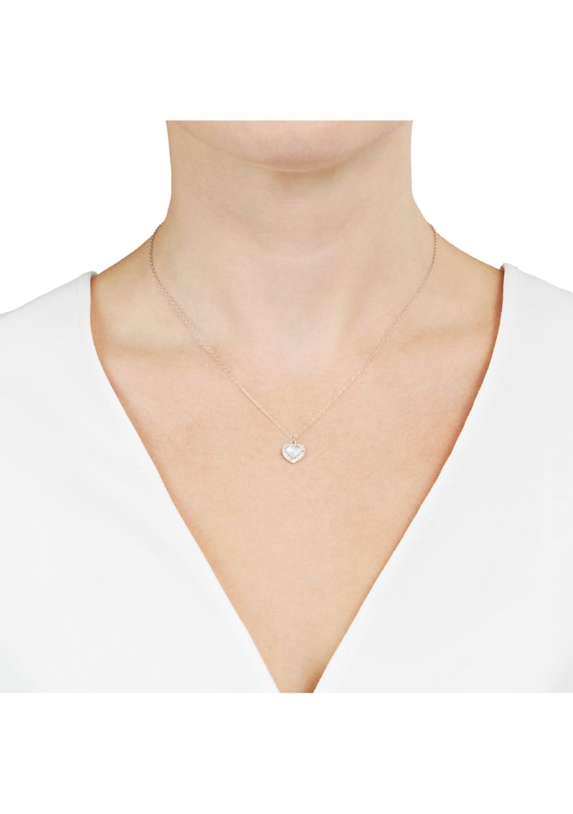 Boxed Sterling Silver Mother of Pearl Heart with White Topaz Halo Necklace