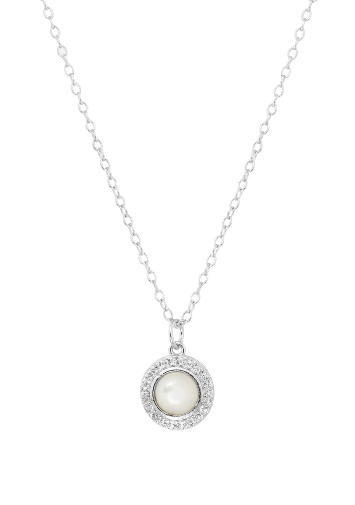 Boxed Sterling Silver Round Mother of Pearl and White Topaz Halo Pendant Necklace