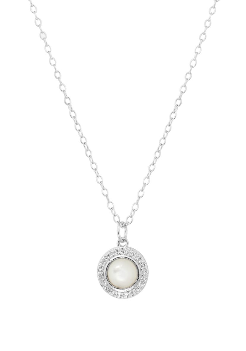 Boxed Sterling Silver Round Mother of Pearl and White Topaz Halo Pendant Necklace