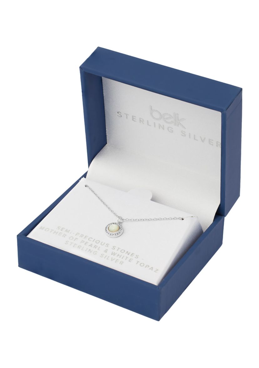 Boxed Sterling Silver Round Mother of Pearl and White Topaz Halo Pendant Necklace
