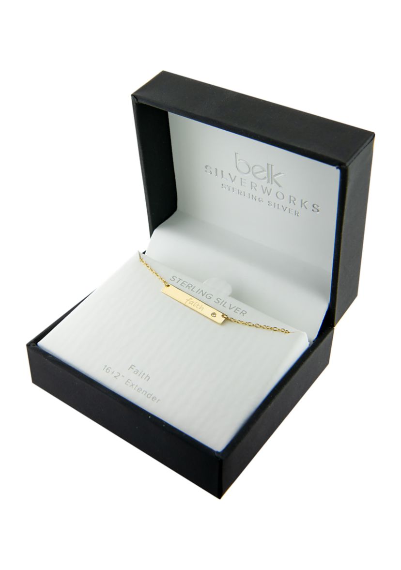 Boxed Sterling Silver 16" + 2" Cubic Zirconia Faith Bar Necklace in Silver or Gold