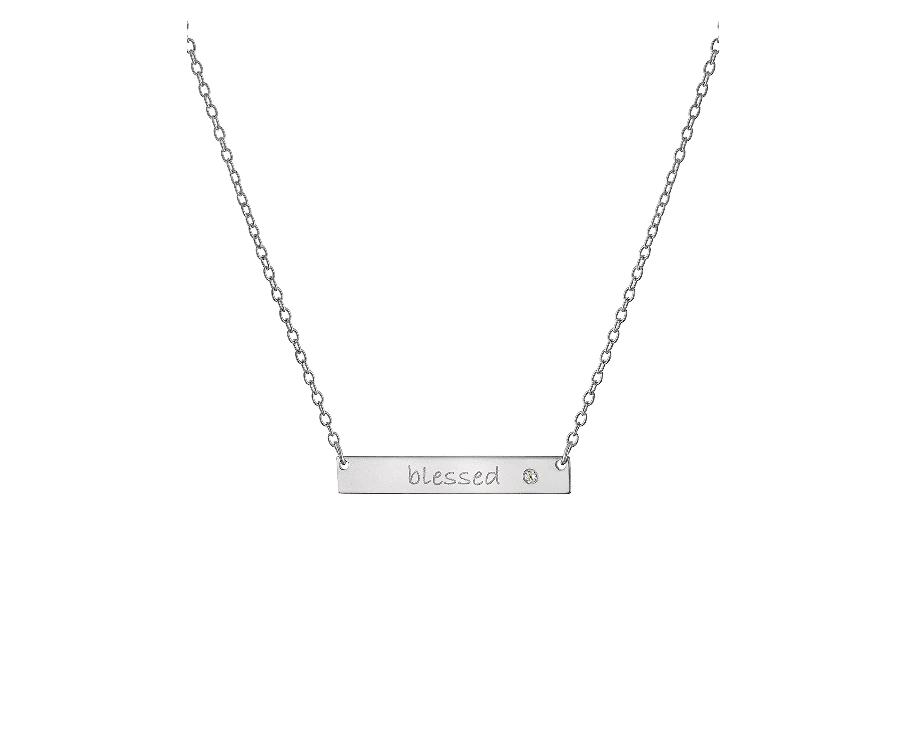 Boxed Sterling Silver 16" + 2" Cubic Zirconia Blessed Bar Necklace in Silver or Gold