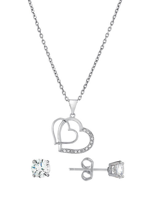 Fine Silver Plated Double Heart Cubic Zirconia Pendant and Stud Earrings Boxed Set