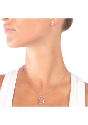 Boxed Fine Silver Plated 18" Double Heart Cubic Zirconia Pendant and Stud Earrings Set