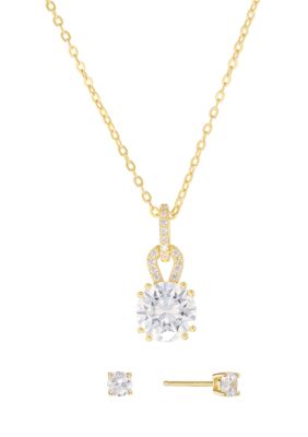 Belk Silverworks Plated Cubic Zirconia Vintage Inspired Pendant and 5mm Cubic Zirconia Stud Earring Set, 18 in
