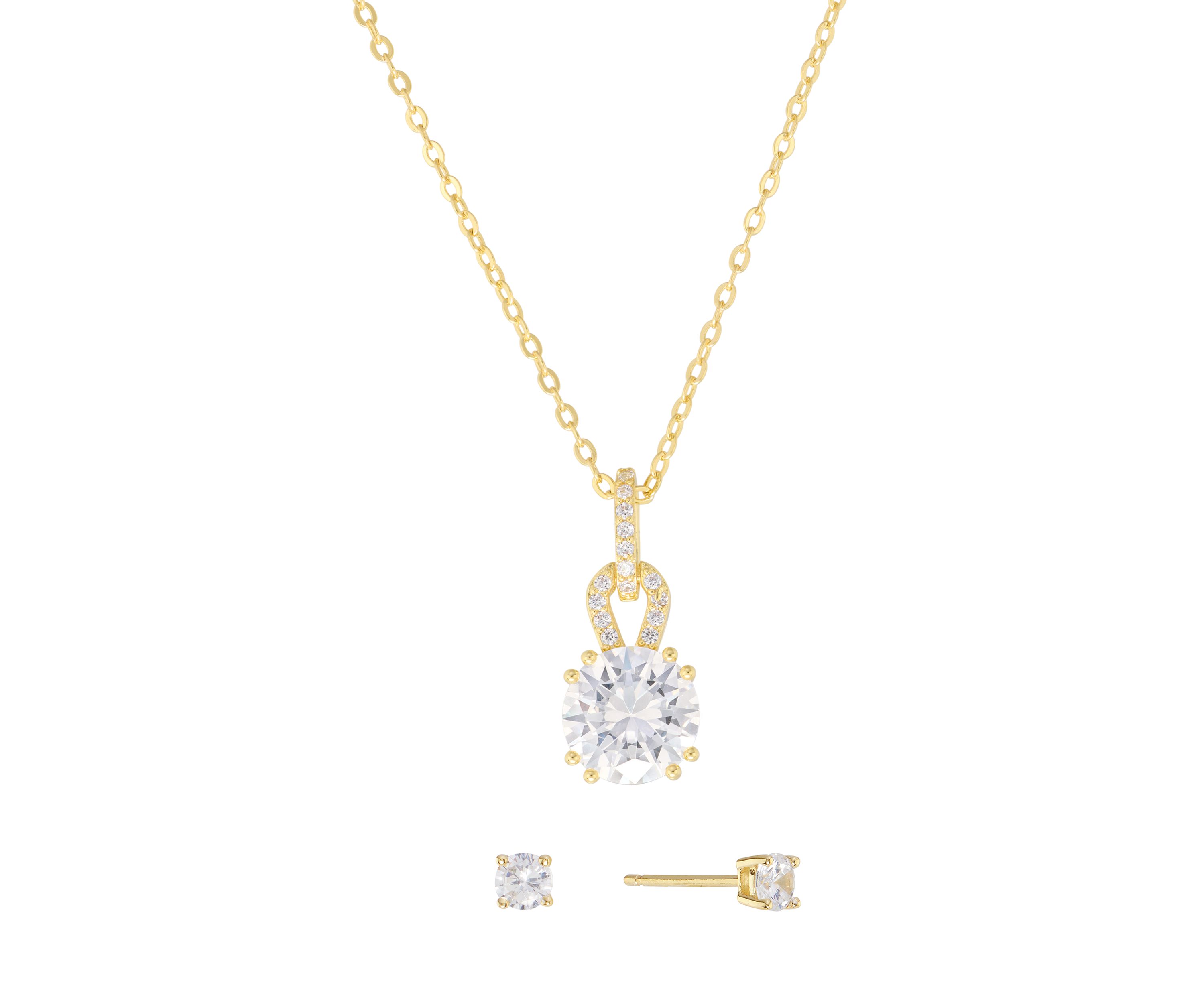 Plated Cubic Zirconia Vintage Inspired Pendant and 5mm Cubic Zirconia Stud Earring Set