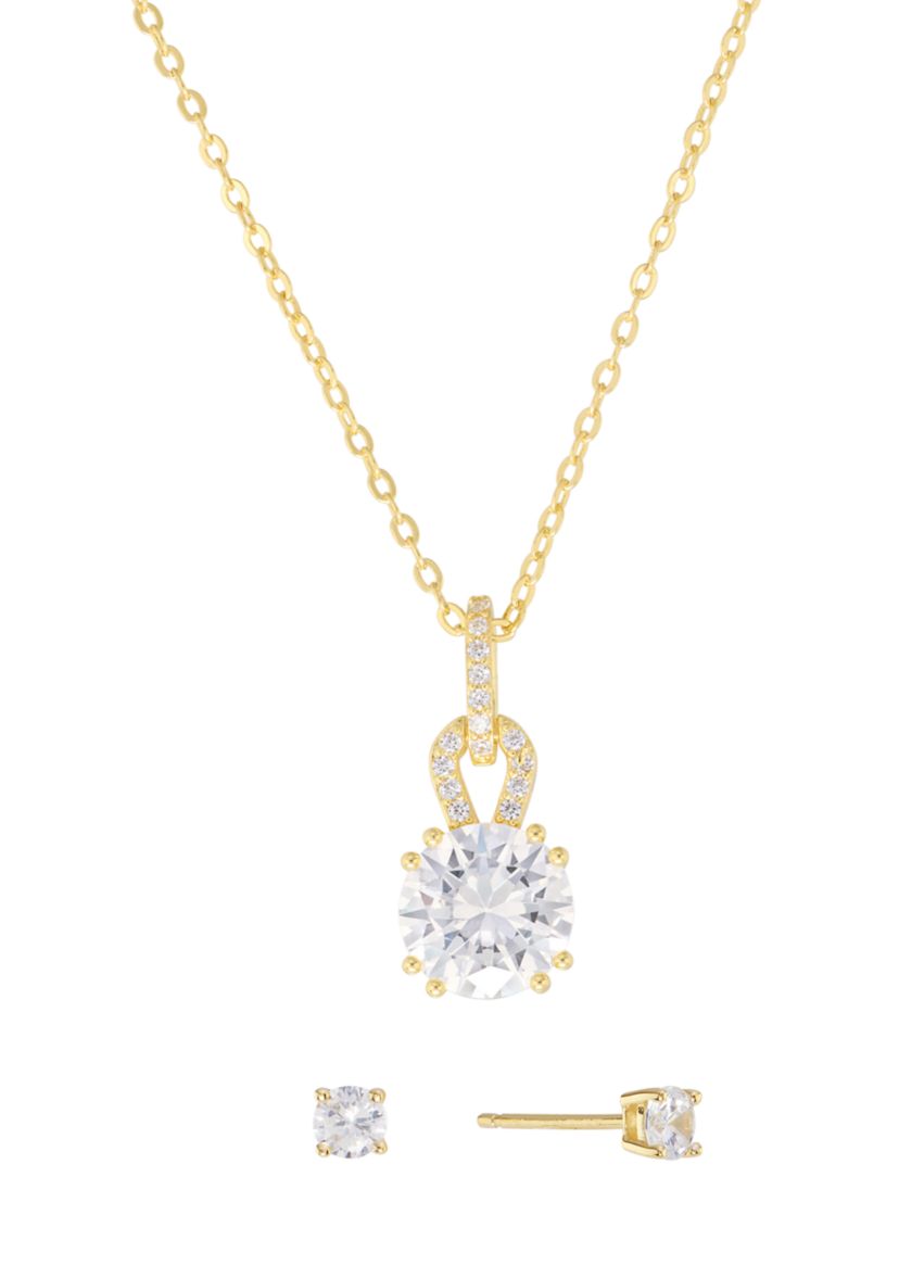 Plated Cubic Zirconia Vintage Inspired Pendant and 5mm Cubic Zirconia Stud Earring Set