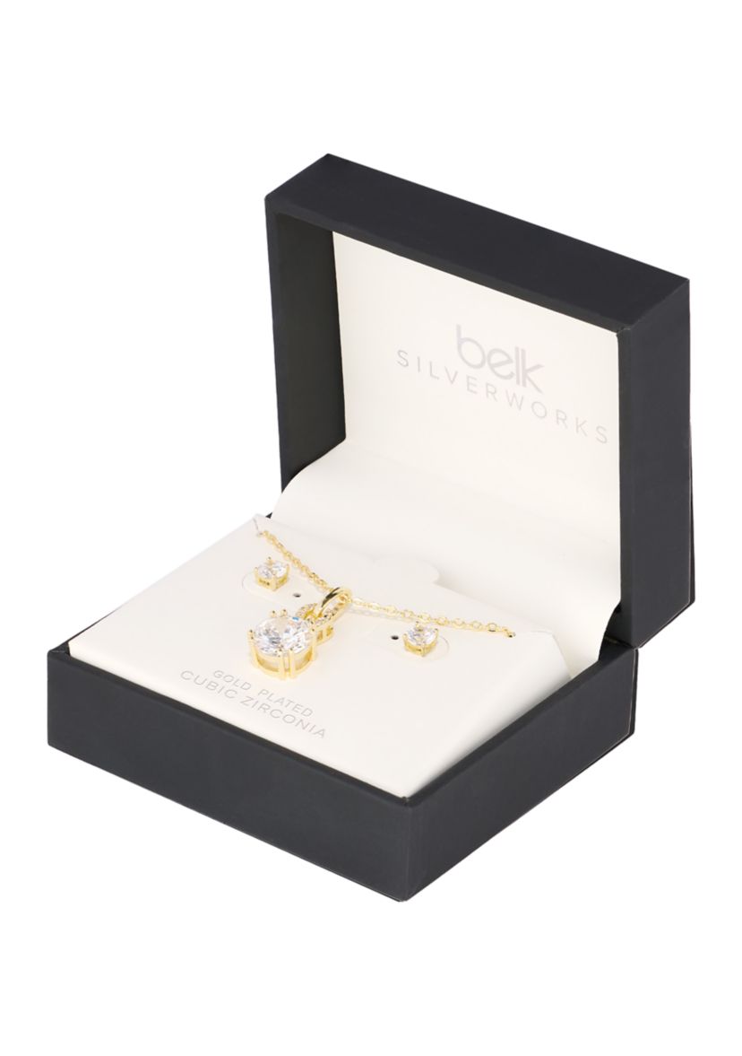 Plated Cubic Zirconia Vintage Inspired Pendant and 5mm Cubic Zirconia Stud Earring Set