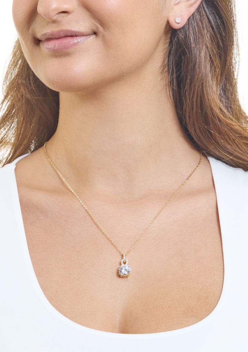 Plated Cubic Zirconia Vintage Inspired Pendant and 5mm Cubic Zirconia Stud Earring Set