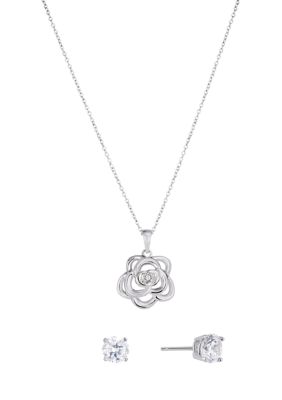 Belk Silverworks Silver Plated Cubic Zirconia Flower Necklace and Stud Earring Set