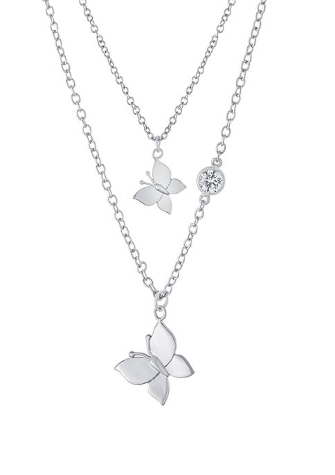 Boxed Fine Silver Plated 14 in + 2 in Butterfly and 16 in + 2 in Cubic Zirconia Butterfly Mommy and Me Necklace Set