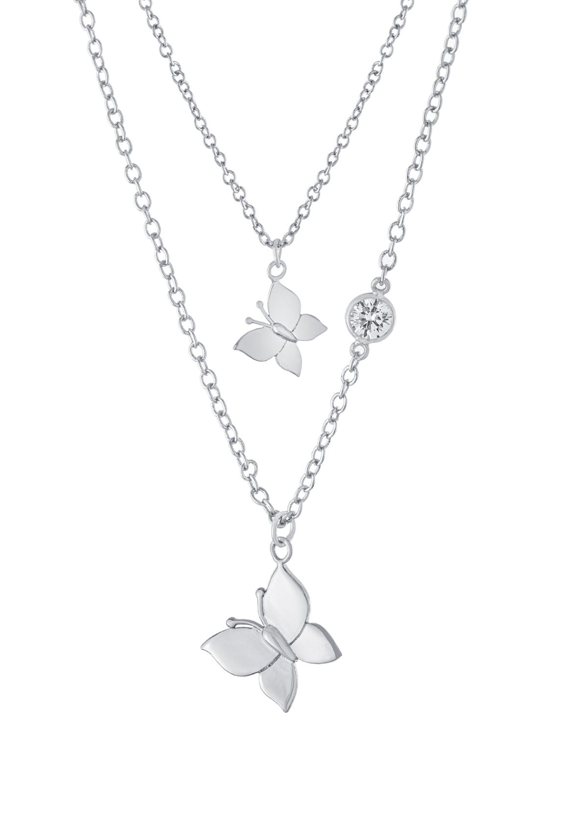 Boxed Silver Plated 14" + 2" Butterfly and 16" + 2" Cubic Zirconia Butterfly Mom & Me Necklace Set