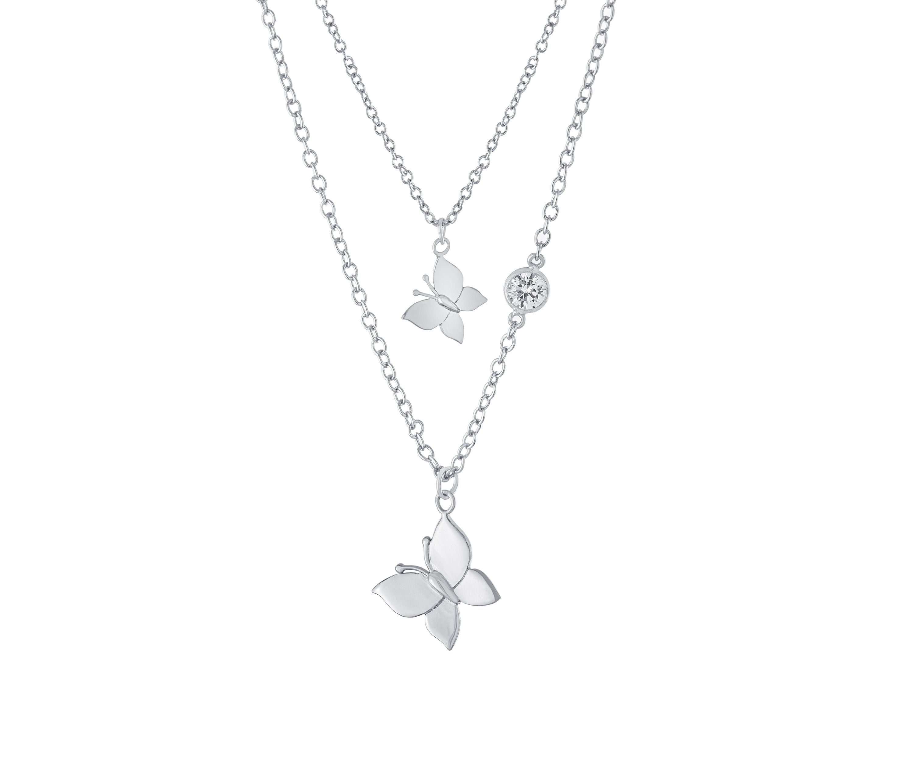 Boxed Silver Plated 14" + 2" Butterfly and 16" + 2" Cubic Zirconia Butterfly Mom & Me Necklace Set