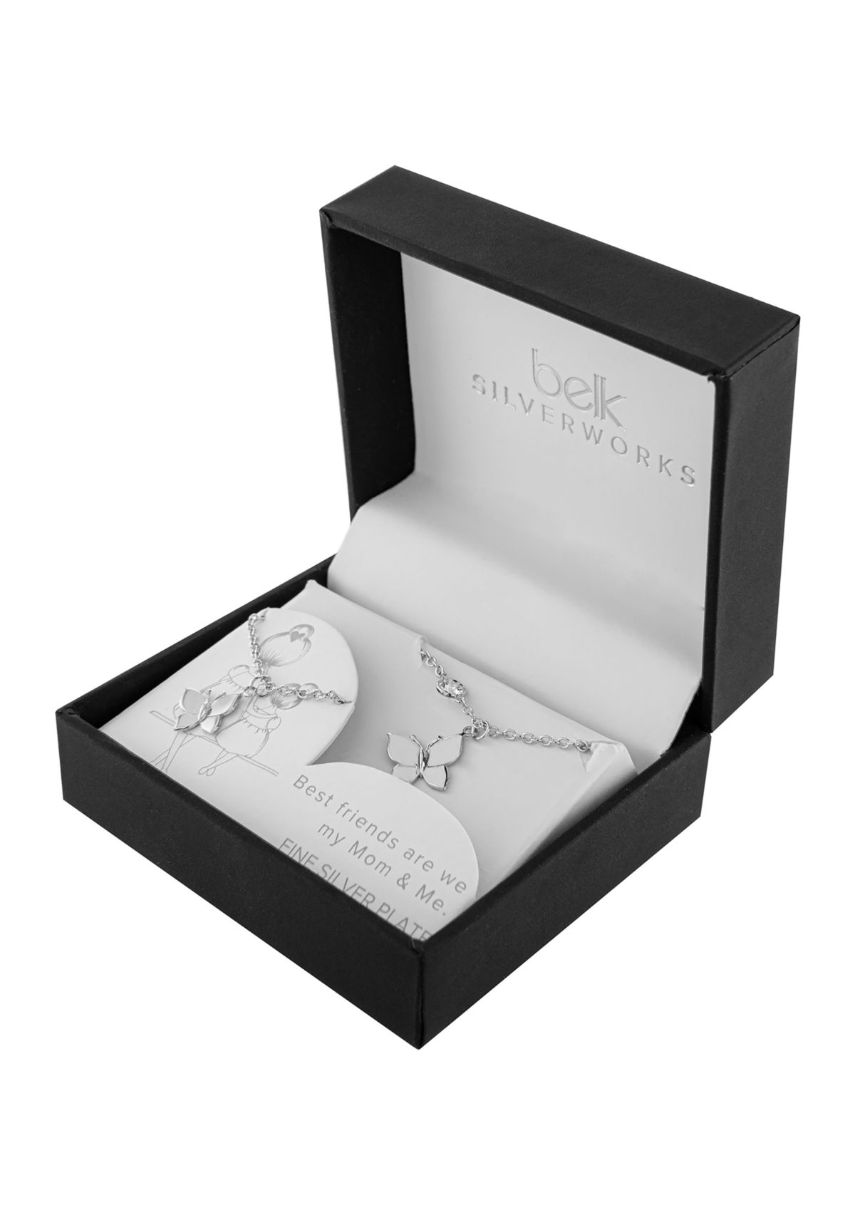 Boxed Silver Plated 14" + 2" Butterfly and 16" + 2" Cubic Zirconia Butterfly Mom & Me Necklace Set