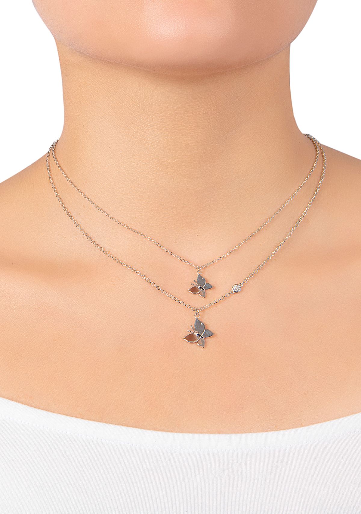 Boxed Silver Plated 14" + 2" Butterfly and 16" + 2" Cubic Zirconia Butterfly Mom & Me Necklace Set