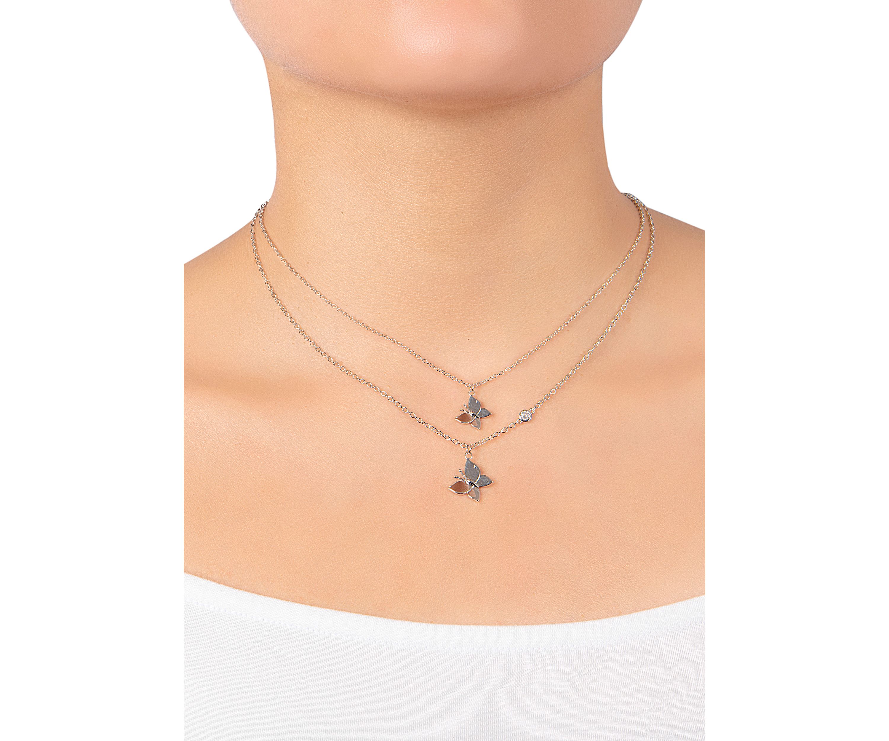 Boxed Silver Plated 14" + 2" Butterfly and 16" + 2" Cubic Zirconia Butterfly Mom & Me Necklace Set