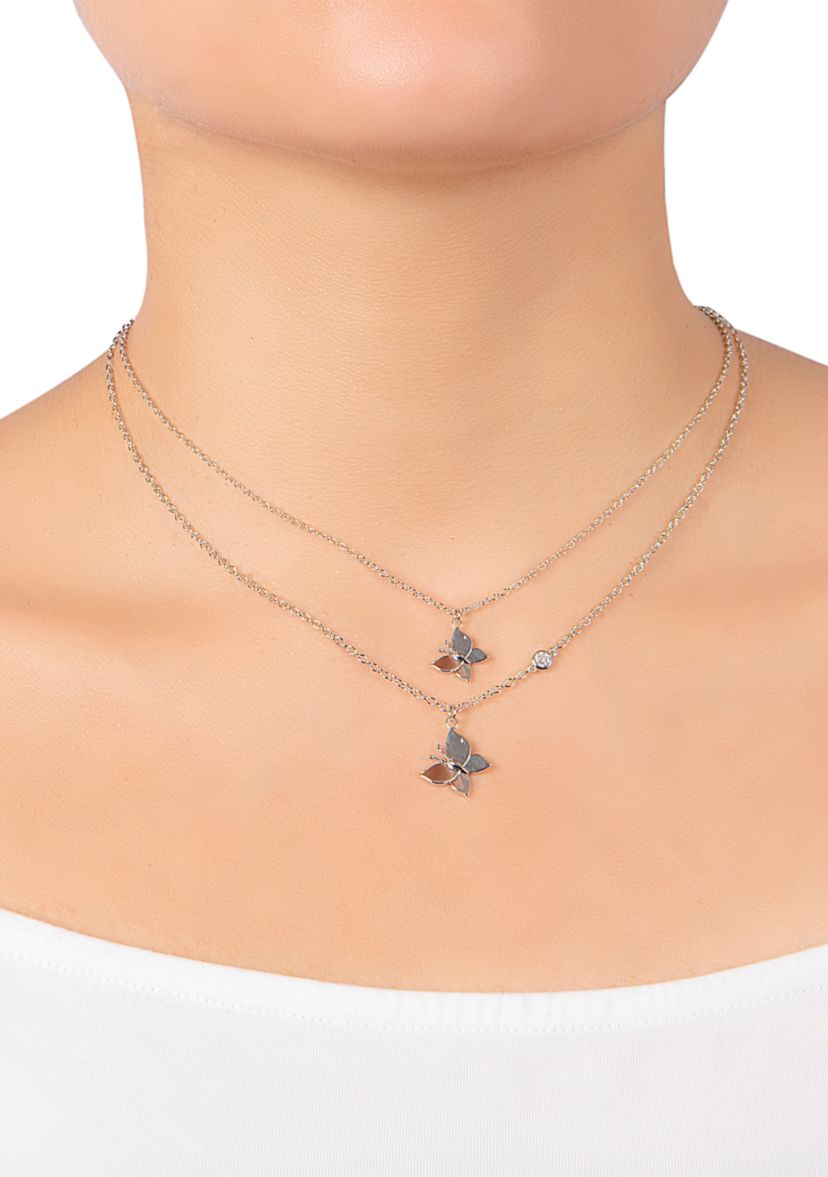 Boxed Silver Plated 14" + 2" Butterfly and 16" + 2" Cubic Zirconia Butterfly Mom & Me Necklace Set