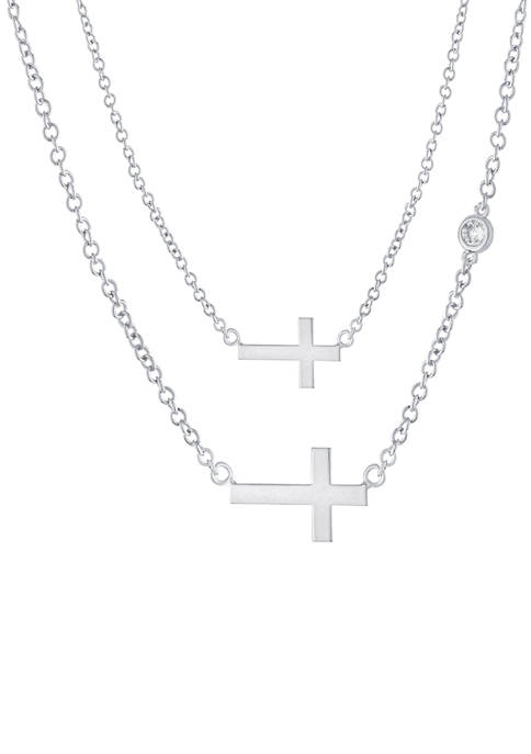 Boxed Fine Silver Plated  14 in + 2 in Cross and 16 in + 2 in Cubic Zirconia Cross Mommy and Me Necklace Set