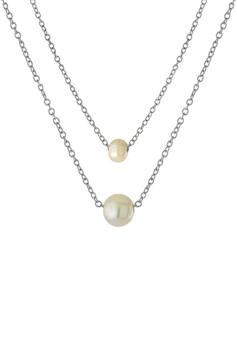 Boxed Fine Silver Plated 16 in + 2 in and  14 in L + 2  Freshwater Pearl Mom & Me Necklace Set