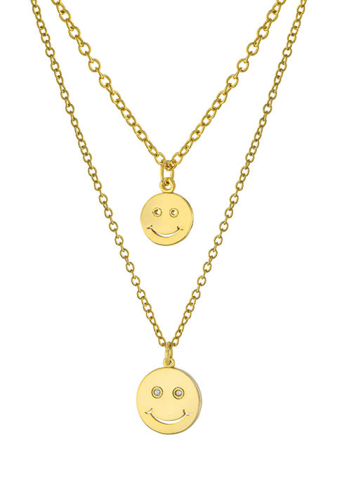 Boxed Gold Over Fine Silver Plated 16 in + 2 in and 14 in L + 2 Smile Star with Cubic Zirconia Mom & Me Necklace Set