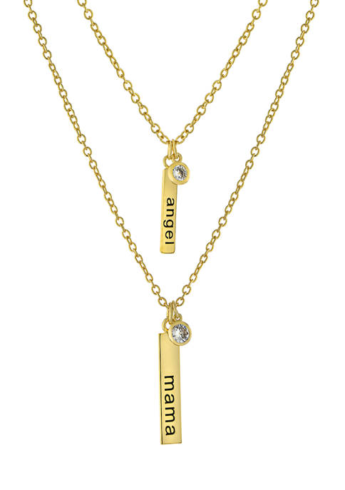 Boxed Gold Over Fine Silver Plated 16 in + 2 in Mama and 14 in L + 2 Angel Bar with Cubic Zirconia Mom & Me Necklace Set
