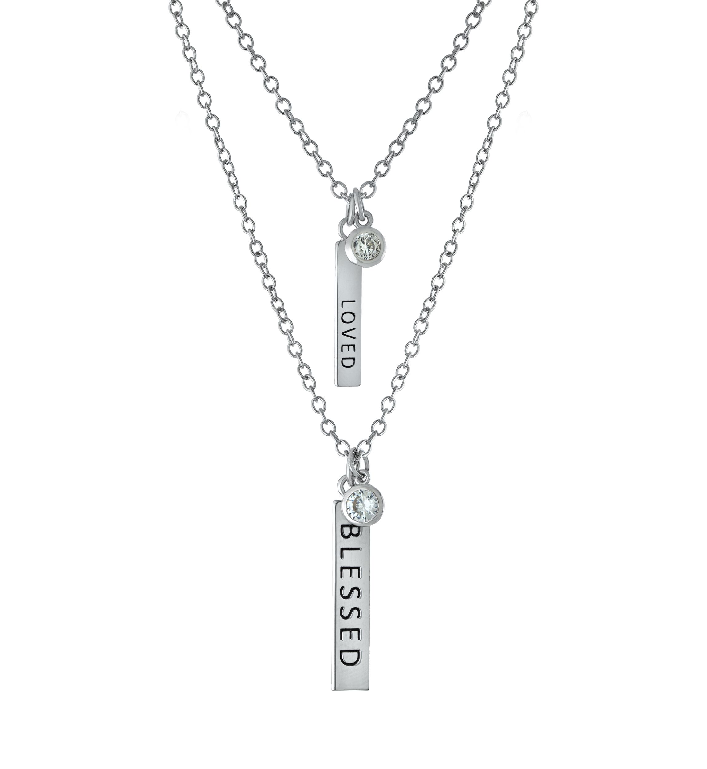 Boxed Fine Silver Plated 16" + 2" Blessed and 14" + 2" Loved Bar with Cubic Zirconia Mom & Me Necklace Set